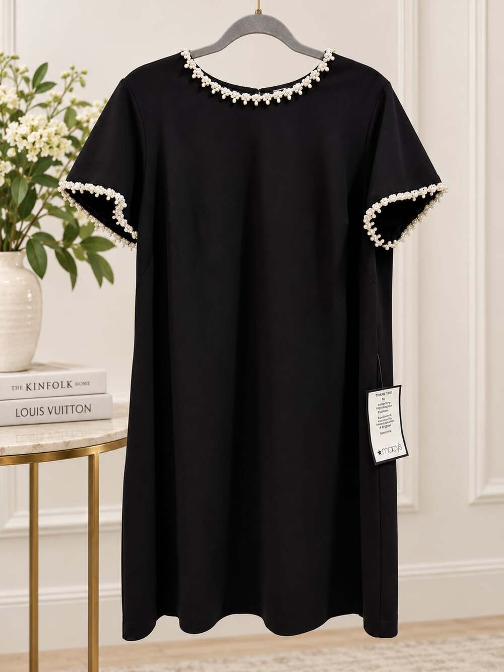 NWT Adrianna Papell Black Stretch Crepe Pearly Short Shift Dress $160
